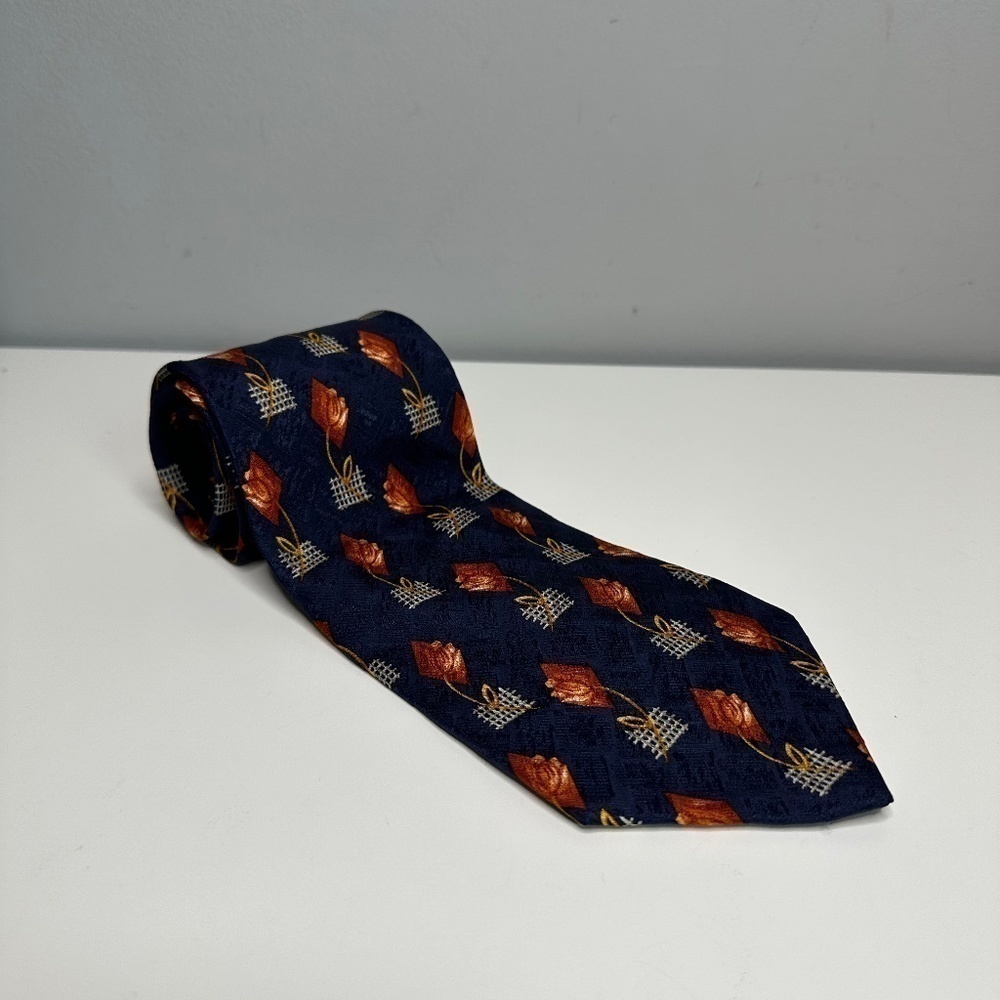 Hugo Boss Blue/Orange Floral Checkered Mens Neck Tie 100% Silk Italy Designer